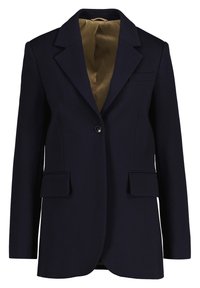 Blazer in lana blu navy con rever a punta, chiusura a un bottone, due tasche frontali e foderato internamente in satin dorato liscio.