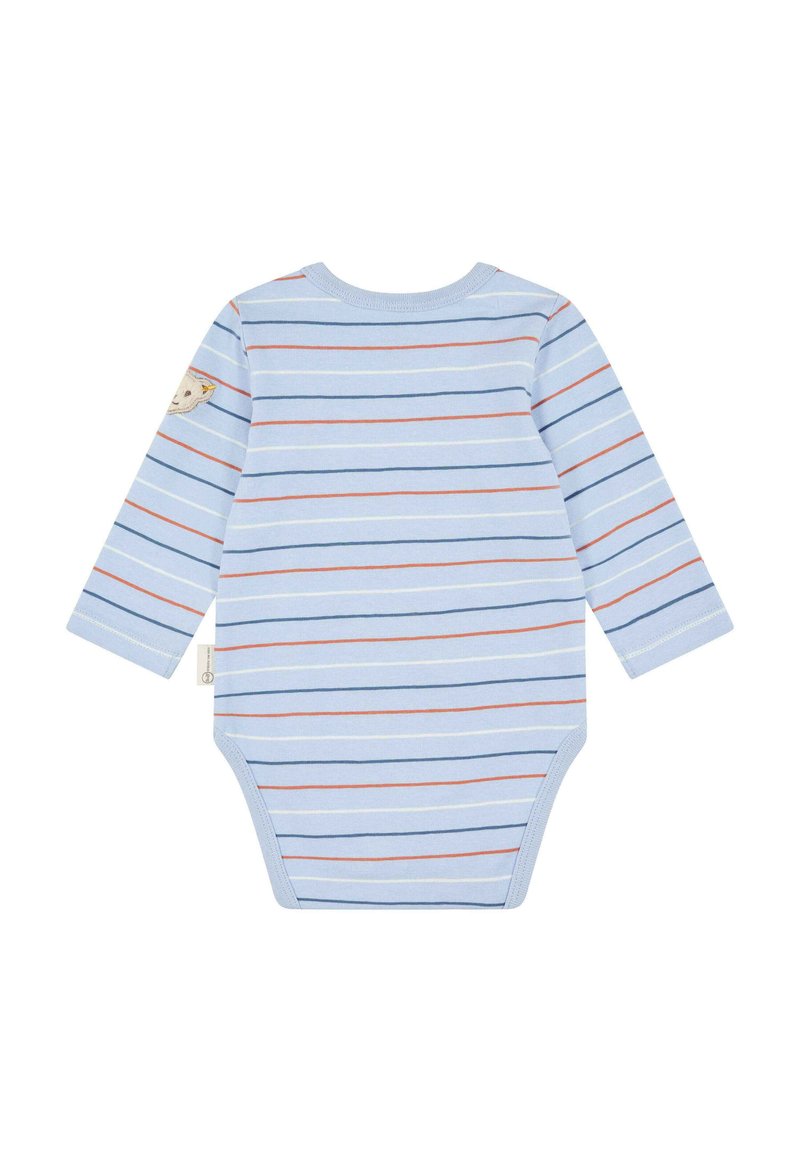 Hellblaues Langarm-Body mit horizontalen Streifen in Marineblau, Orange und Weiß, mit einem Bärenapplikation auf der linken Schulter.