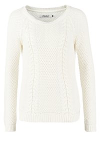 Pull blanc à manches longues en tricot avec motif torsadé sur le devant et tricot texturé aux manches et sur les côtés.