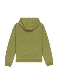 Sudadera de color verde oliva, fabricada en una mezcla de algodón, con capucha ajustable, mangas largas, puños y dobladillo acanalados, textura suave y diseño sencillo.