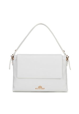 White leather handbag with a flat front flap, textured surface, a top handle, and gold-tone hardware featuring a logo at the bottom.