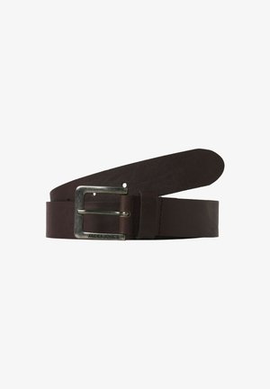 Brown leather belt with a simple silver metal buckle. The belt is flat, featuring punch holes for adjustment and a smooth texture.