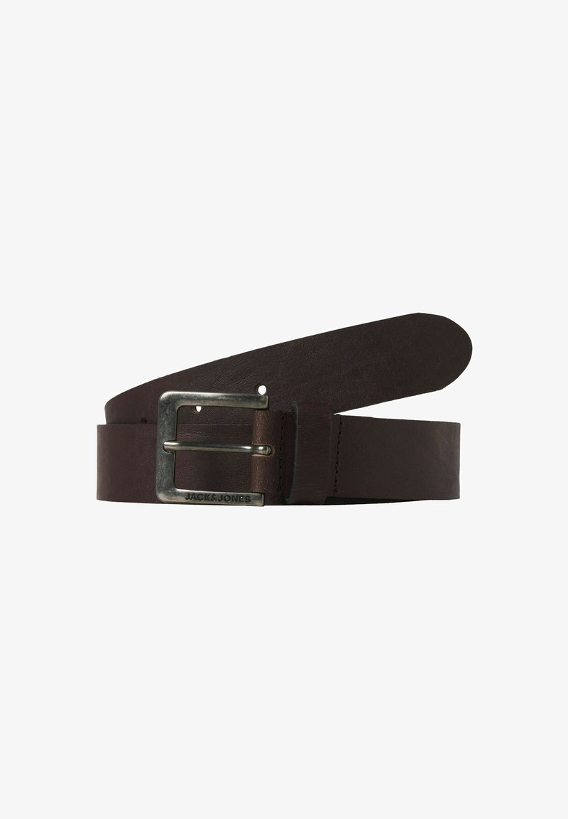 Brown leather belt with a simple silver metal buckle. The belt is flat, featuring punch holes for adjustment and a smooth texture.