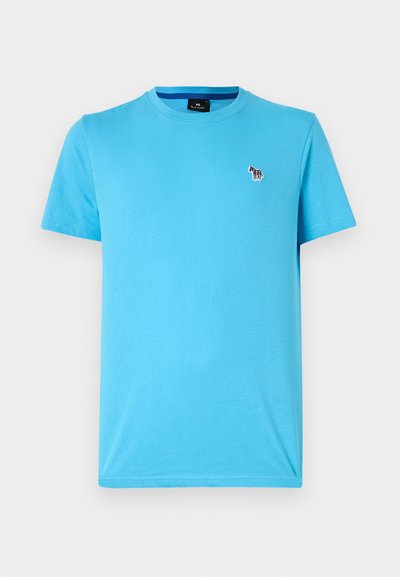 Sky blue cotton t-shirt with a round neck, short sleeves, and a small embroidered multicolored zebra logo on the left chest.
