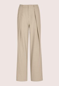 Beige, maßgeschneiderte Hose mit weitem Bein, versehen mit doppelten Falten vorne, glatter Textur und strukturiertem Bund.