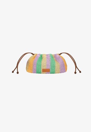 Borsa clutch intrecciata a righe con colori viola, verde, giallo e beige, caratterizzata da lacci marroni e una piccola etichetta rettangolare in pelle.