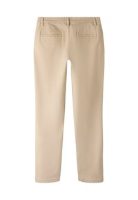 Beige bukser med en glat tekstur, lige ben-design og to baglommer. Enkel talje og ingen synlige udsmykninger.