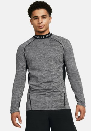 Langhals sportshirt in grijs gemêleerde stof met zwarte accenten, met een aansluitend ontwerp en een hoge kraag met logodetail.