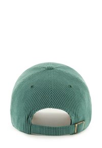 Green corduroy cap with a textured finish, featuring a rounded shape and adjustable strap at the back with a metal clasp.