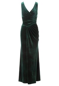 Smaragdgroene fluwelen jurk met een V-hals, mouwloos ontwerp, gedrapeerde taille en een floor-length rok met geplooide details.