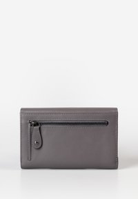 Gray leather wallet with a zippered pocket on the front, smooth texture, rectangular shape, and minimalistic design.