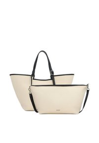 Two cream-colored handbags with black trim, one tote with shoulder straps and one smaller crossbody bag with a detachable strap.