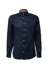 Navy blauwe lange mouwen overhemd van linnen; heeft een klassieke kraag, een knoopsluiting aan de voorkant en witte knopen tegen een gestructureerde stof.