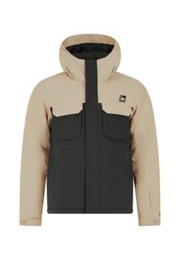 Beige und schwarze isolierte Jacke mit hohem Kragen, zwei Fronttaschen und seitlichen Reißverschlusstaschen. Verfügt über ein wasserdichtes äußeres Material und verstellbare Bündchen.