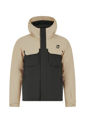 Beige en zwarte geïsoleerde jas met een hoge kraag, twee voorzakken en ritssluiting aan de zijkanten. Heeft een waterdichte buitenkant en verstelbare manchetten.