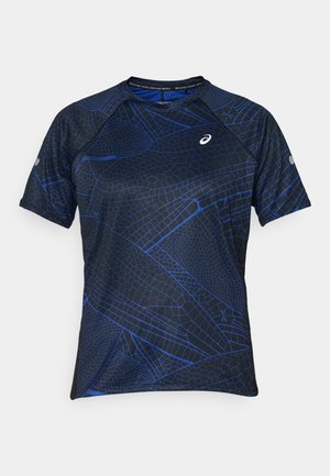 Korte mouw sportshirt in zwart met een blauw geometrisch patroon. Gemaakt van ademend materiaal, met een ronde hals en platte naden.