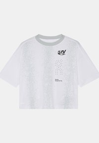 T-shirt de sport blanc à manches courtes avec motif gris clair, col gris, et texte noir "RUN ON" et "Swiss Engineering" sur le devant.