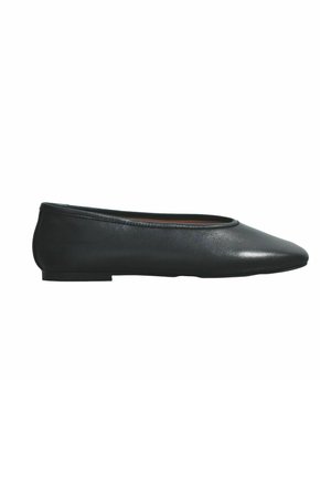Black leather ballet flat with pointed toe and low heel, shown in side profile on a white background.