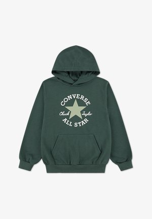 Felpa con cappuccio in cotone verde con tasca a marsupio frontale, polsini a costine e stampa grafica con una stella e il testo "Converse All Star" e "Chuck Taylor".