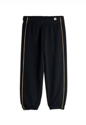 Black sweatpants with elastic waist and cuffs, featuring thin yellow stripes running vertically along the outer sides of each leg.