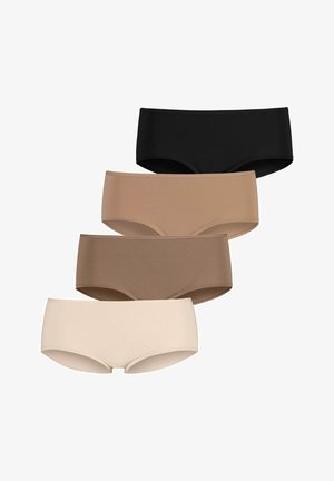 Four pairs of stretch underwear in black, light beige, dark beige, and cream, featuring smooth, seamless designs and soft, elastic fabric.