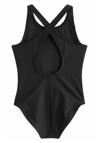 Schwarze Bademode mit Racerback-Design. Verfügt über gekreuzte Träger und einen Cut-Out auf dem Rücken. Hergestellt aus glattem, dehnbarem Stoff.
