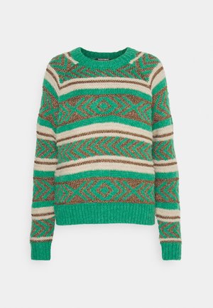 Pull en tricot avec des motifs géométriques verts, crème et marron, manches longues et poignets et ourlet côtelés.