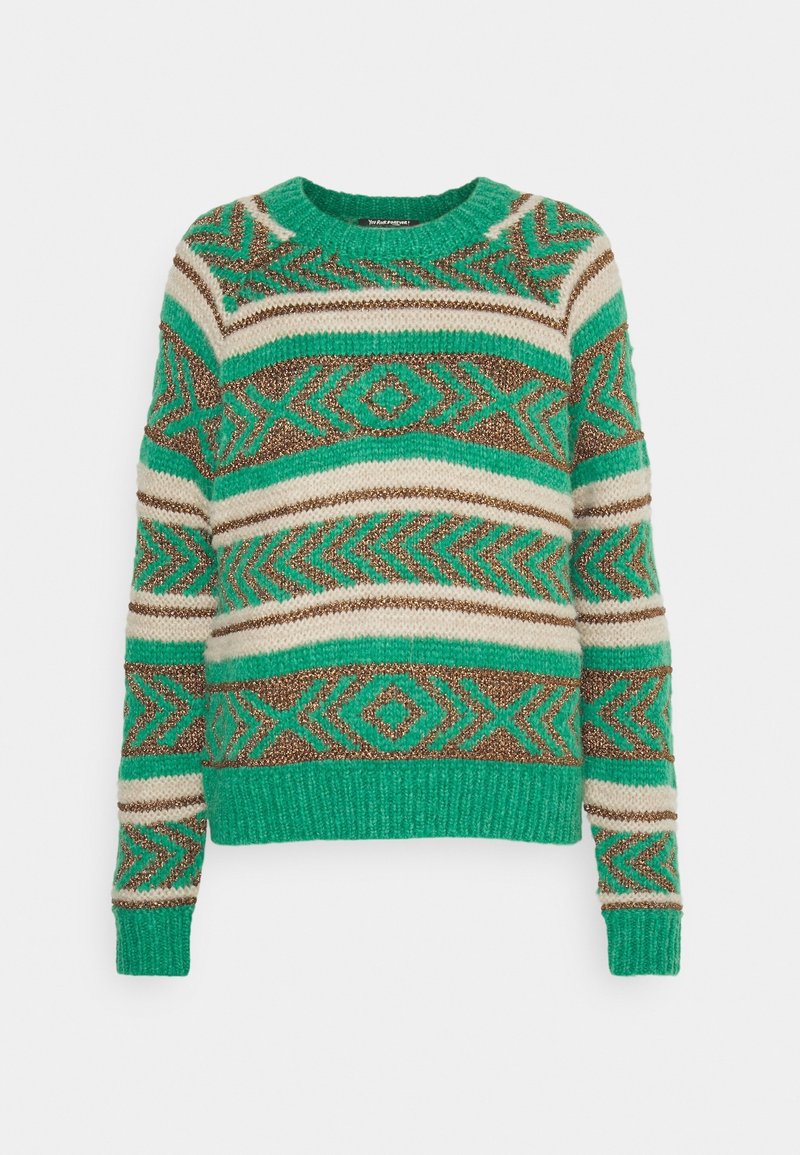 Pull en tricot avec des motifs géométriques verts, crème et marron, manches longues et poignets et ourlet côtelés.