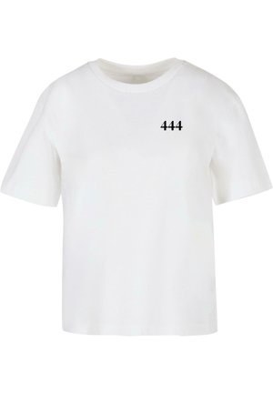 White cotton t-shirt with short sleeves, round neckline, and black text "444" on the chest. Smooth texture and standard fit.