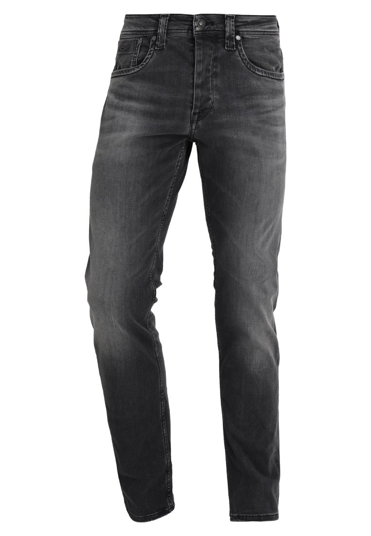 Jeans de mezclilla gris oscuro con un corte clásico, cinco bolsillos, cierre de cremallera y un sutil desgastado en las piernas. Fabricados con una suave y duradera tela de algodón.