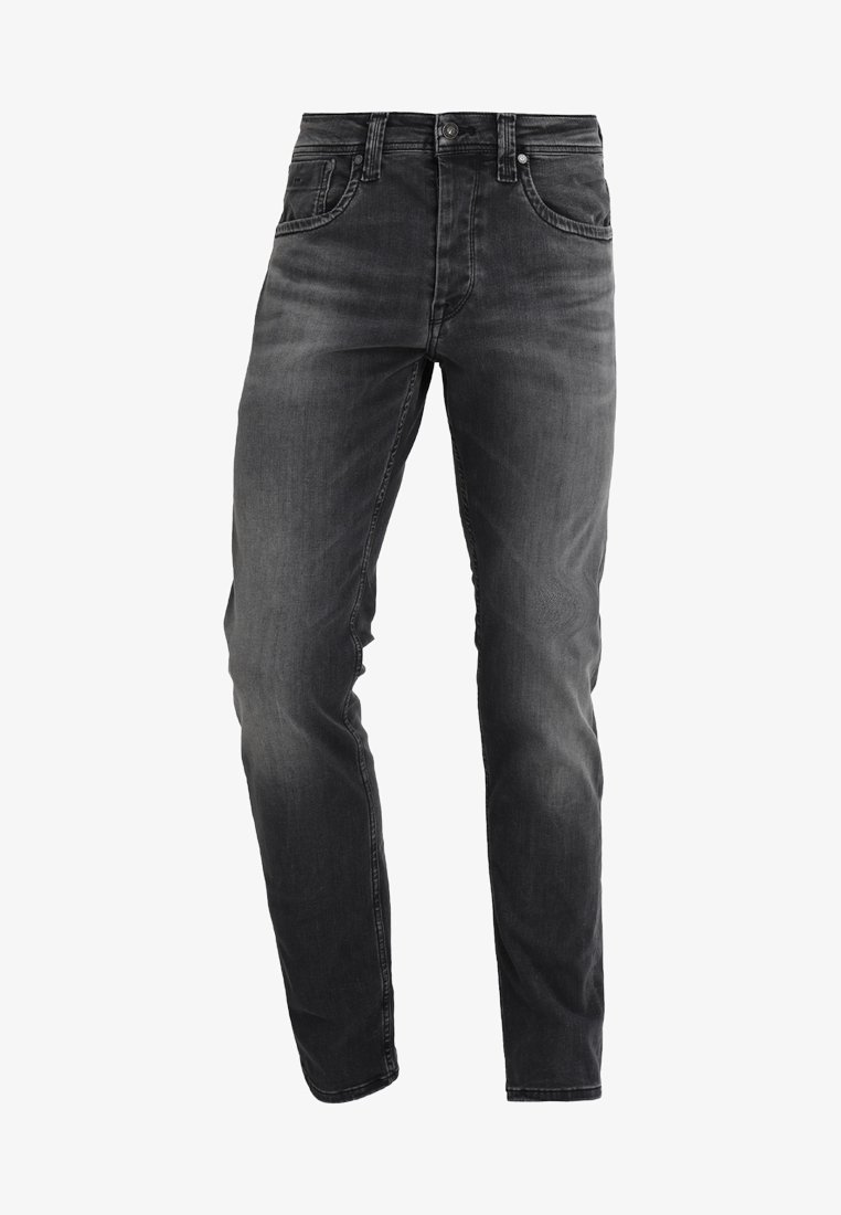 Dark gray denim jeans with a classic fit, five pockets, zipper fly, and subtle fading on the legs. Made from soft, durable cotton fabric.