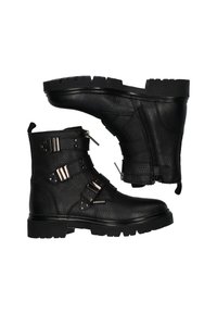 Zwarte leren enkellaarzen met een gestructureerde afwerking, voorzien van zilveren gespen, ritssluiting en een stevige rubberen zool voor grip.