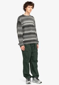 Grijs gestreepte wollen trui met een ronde hals, gecombineerd met donkergroene cargo broek en grijze sportschoenen. Casual outfit met textuurcontrast.