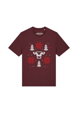 Weinrotes Kurzarmshirt mit weißen und roten strickartigen Weihnachtsmustern mit Bäumen, Schneeflocken und einem Rentierkopf in der Mitte.