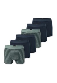Set di sei boxer in tonalità blu navy e verde. Presentano colori solidi e un paio con sottili righe. Fascia elastica morbida con dettaglio del logo.