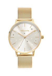 Montre dorée avec un cadran argenté mettant en avant des motifs d'étoiles, des index horaires en cristal et un bracelet en maillage métallique. Boîtier rond et design minimaliste.