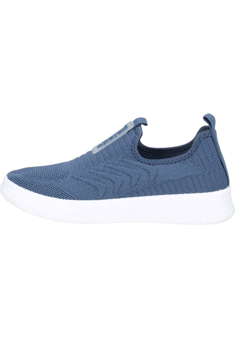 Sneaker azzurro in maglia da indossare senza lacci, con un design testurizzato, suola bianca e linguetta; presenta un logo del brand sul lato.