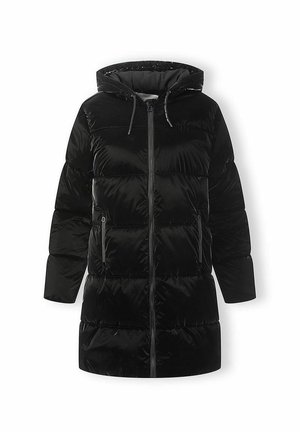Doudoune noire à capuche avec fermeture éclair frontale et poches latérales zippées, manches longues et coutures horizontales matelassées.
