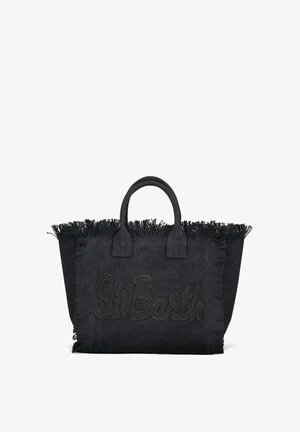 Sac fourre-tout en tissu noir avec bords effilochés et "St. Barth" brodé sur le devant, avec deux poignées courtes.