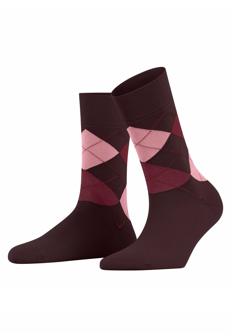 Dark burgundy socks featuring a geometric argyle pattern in pink and maroon. Made of a smooth, stretchy material with a fitted ankle design.