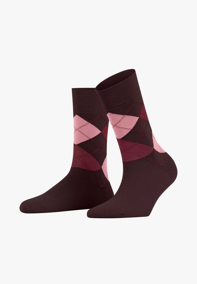 Dark burgundy socks featuring a geometric argyle pattern in pink and maroon. Made of a smooth, stretchy material with a fitted ankle design.