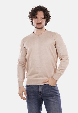 Maglione beige a V in morbido tessuto a maglia. Design aderente con maniche lunghe, polsini e orlo a costine. Indossato con jeans blu, il modello posa frontalmente.