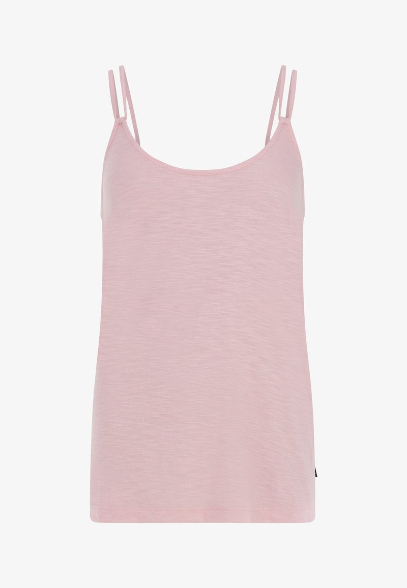 Camisola rosa chiaro con spalline sottili, realizzata in materiale morbido e leggero; presenta un collo a giro e una vestibilità rilassata.