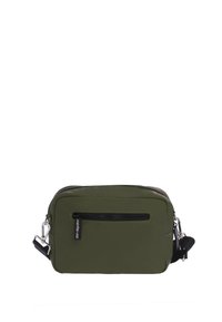 Bolso bandolera verde oliva hecho de tela duradera, con un bolsillo frontal con cremallera, acentos en negro y una correa ajustable.