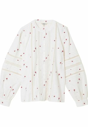 Weiße langärmelige Bluse mit roter Blumenstickerei, Knopfleiste vorne, strukturierten vertikalen Streifen und Spitzendetails an den Ärmeln.