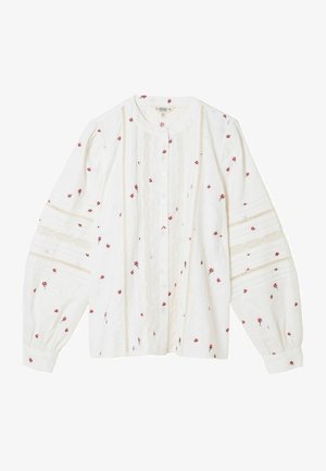 Weiße langärmelige Bluse mit roter Blumenstickerei, Knopfleiste vorne, strukturierten vertikalen Streifen und Spitzendetails an den Ärmeln.