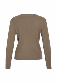 Sweter z prążkowanym wzorem, z długim rękawem w średnim odcieniu brązu, z okrągłym dekoltem i dopasowanym krojem. Minimalistyczny styl z miękkim, teksturowanym wykończeniem.