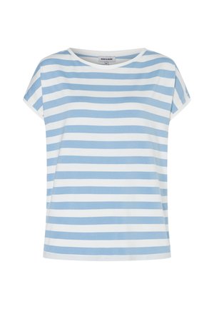 Kurzärmeliges T-Shirt mit Rundhalsausschnitt, hellblauen und weißen horizontalen Streifen, lockerer Passform und einem kleinen Markenlabel am Halsausschnitt.