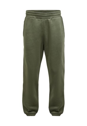 Olivengrønne sweatpants lavet af blød stof, med elastisk talje, smalle manchetter og sidelommer for funktionalitet.