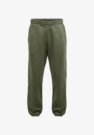 Pantaloni felpa verde oliva realizzati in tessuto morbido, con vita elasticizzata, polsini affusolati e tasche laterali per una maggiore funzionalità.